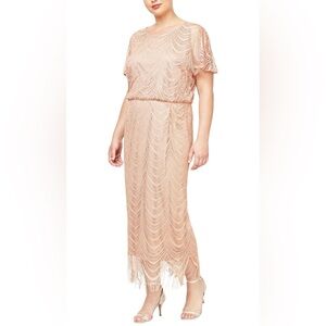 *NEW* Sz 22W S.L. Fashions Gold Metallic Crochet Dress with Fringe Hemline